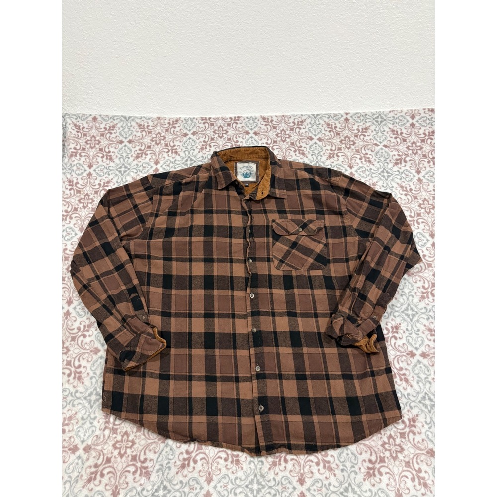 Gioberti Mens XXL Brown Black Plaid Flannel Button Down Corduroy Trim Shirt